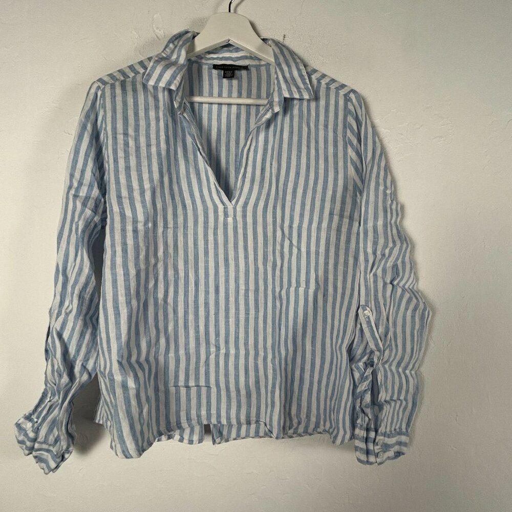 Saks Fifth Avenue Womens Blue Striped Linen Long Sleeve Popover Blouse Medium